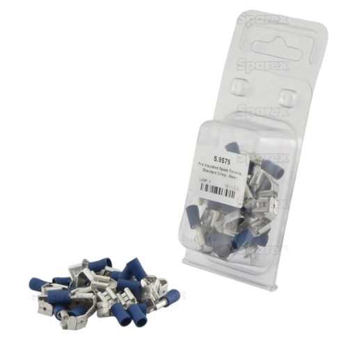 Pre Insulated Spade Terminal, Standard Grip - Female Spade with Male Branch, 6.3mm, Blue (1.5 - 2.5mm) (25 Pack.)