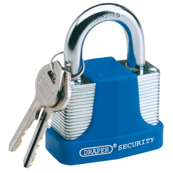 Draper Laminated Steel Padlock & 2 Keys with Hardened Steel Shackle & Bumper, 65mm Hi Secure