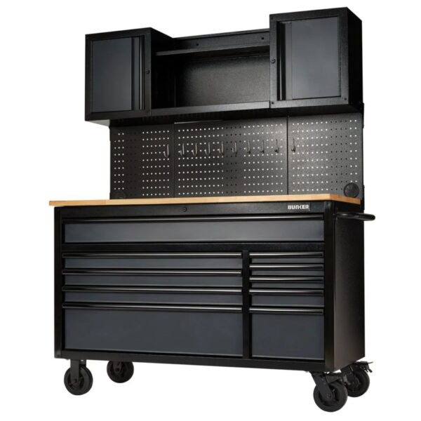 Draper Bunker 56" Mobile Workstation with 10 Drawers, Hardwood Worktop, and Pegboards - Grey