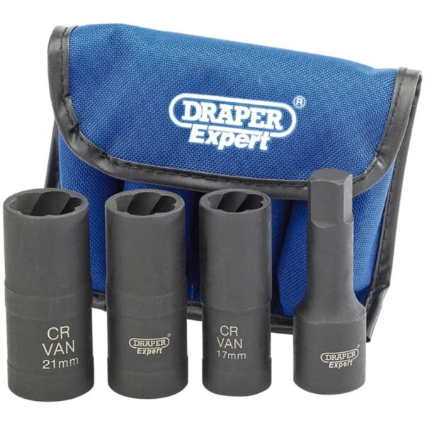 Draper Expert Wheel Nut Double Impact Socket Kit, 1/2" Sq. Dr. (4 Piece)